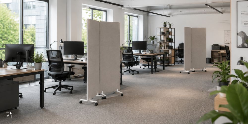 Akustiktrennwände unterteilen ein Großraumbüro räumlich