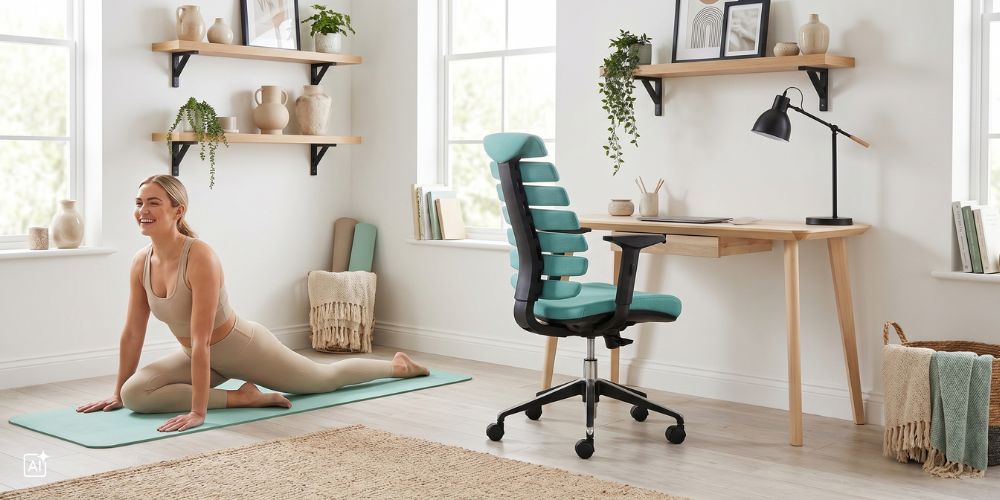 ein blauer Bürostuhl steht in einem hellen Homeoffice, in dem eine Frau Sport treibt