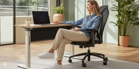 Eine Frau sitzt entspannt auf einem Bürostuhl