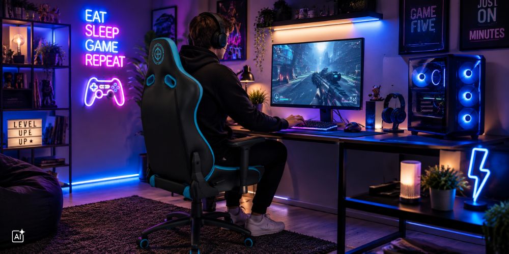 ein Mann sitzt auf seinem Gamingstuhl und betreibt e-sports an seinem PC