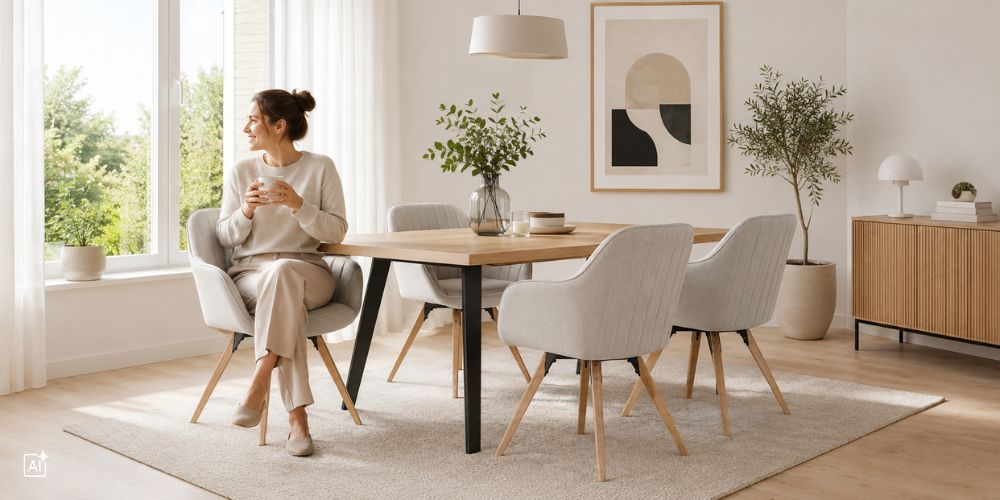 Eine Frau sitzt auf einem Esszimmerdrehstuhl und trinkt entspannt ihren Kaffee