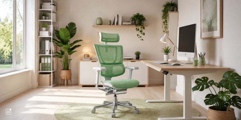 ein ergonomischer Bürostuhl steht an einem höhenverstellbaren Schreibtisch in einem Homeoffice