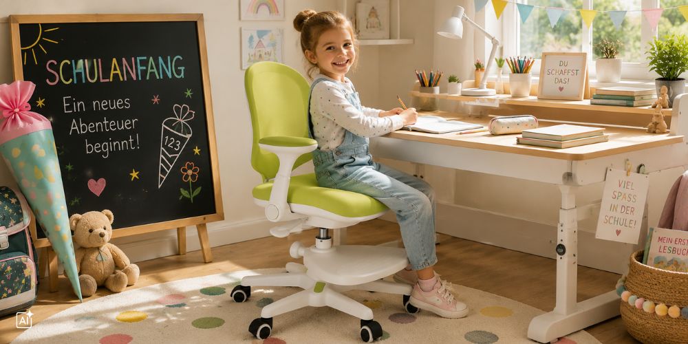 Ein Schulkind sitzt auf einem Kinderschreibtischstuhl am Tisch und malt etwas. Sie lächelt. Hinter ihr steht ein Teddy, ihr Schulranzen, eine Schultüre und eine kleine Tafel.