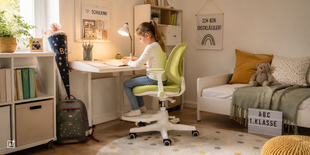 ein Kind sitzt auf einem Kinderschreibtischstuhl mit Fußablage und macht Hausaufgaben