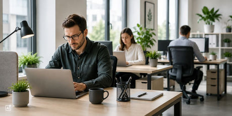 Ein Mann arbeitet sehr konzentriert im Büro