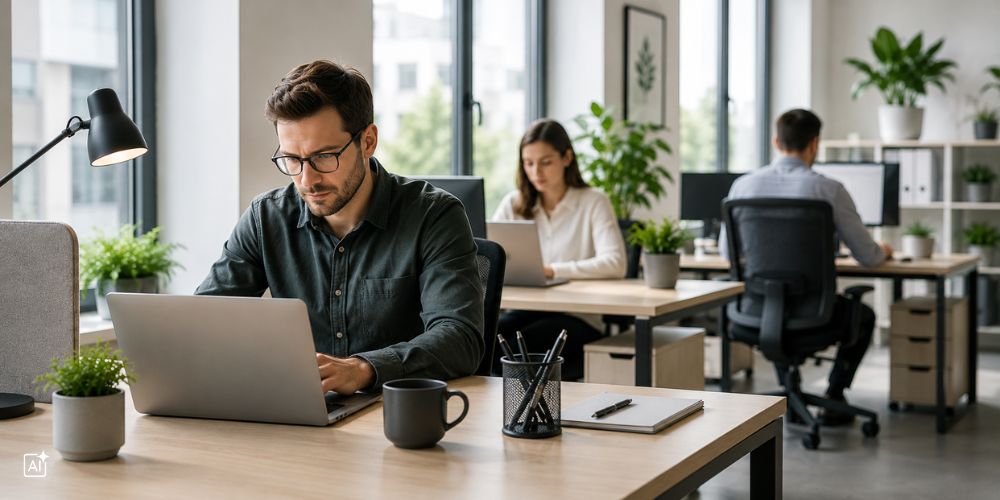 Mann arbeitet konzentriert und effizient im Büro