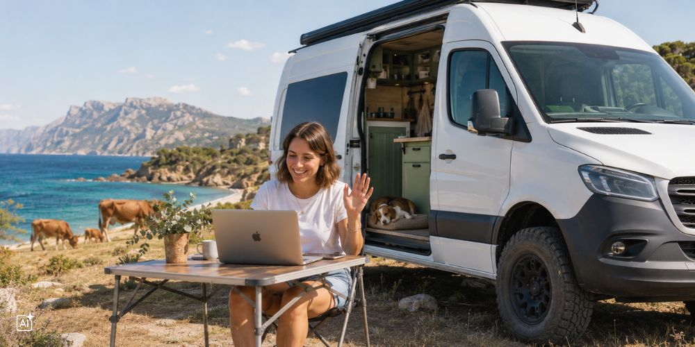 Eine Frau arbeitet vor ihrem Camper an einem Campingtisch und lächelt während Ihres Meetings. Im Hintergrund Ist Ihr Camper, Ihr Hund und die Landschaft und das Meer Siziliens zu sehen.