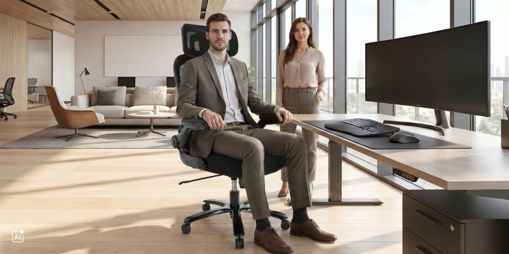Ein besonders großer Mann sitzt auf einem XXL Bürostuhl, hinter ihm steht eine 1,60 m Große Frau