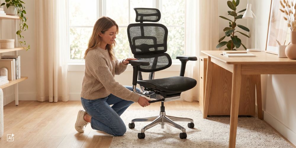Eine Frau stellt ihren Bürostuhl richtig ein