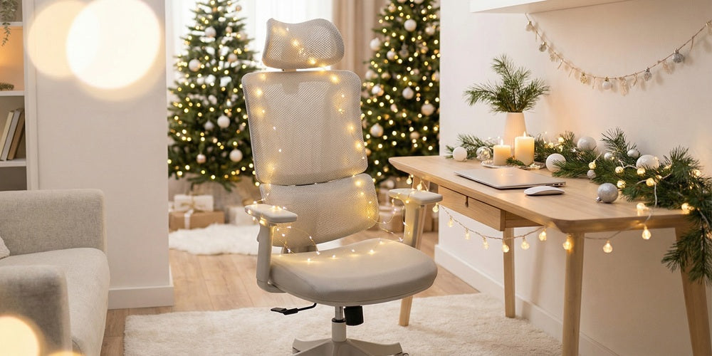 Ein beiger Bürostuhl steht in einem weihnachtlich dekorierten Homeoffice