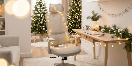 Ein beiger Bürostuhl steht in einem weihnachtlich dekorierten Homeoffice