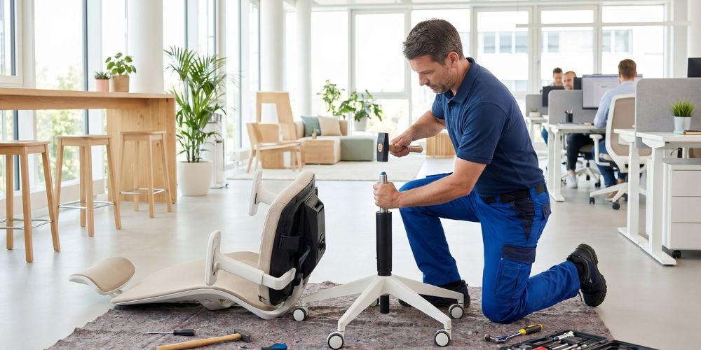 Ein Handwerker entfernt die Gasdruckfeder eines Bürostuhls
