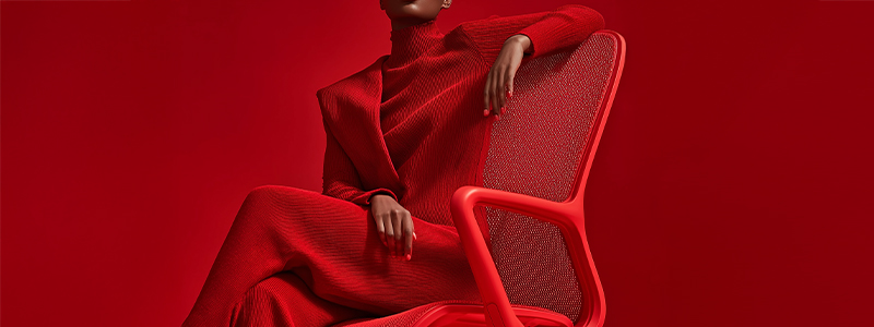 Eine Frau sitzt auf einem roten Bürostuhl vor einem roten Hintergrund