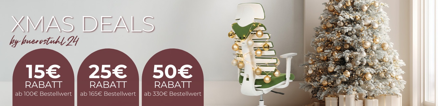 Xmas Deals by buerostuhl24 Staffelrabatte ab Mindestbestellwert, rechts ein grüner Bürostuhl mit weißem Rahmen und ein gold geschmückter Christbaum