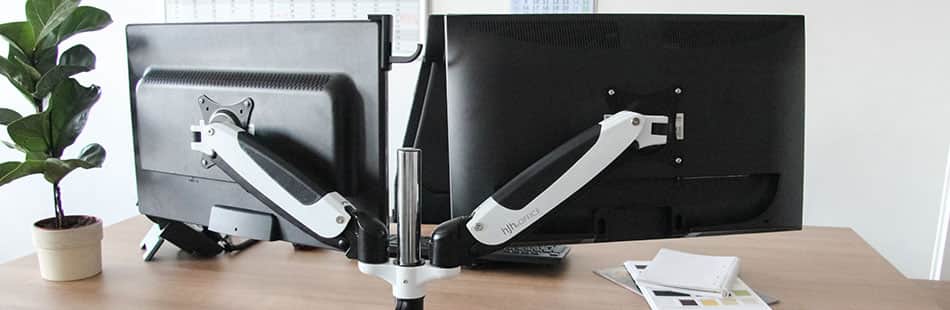 Schreibtischhalterung für zwei Monitore der Größe 15 - 27 Zoll Schreibtischhalterung für zwei Monitore der Größe 15 - 27 Zoll